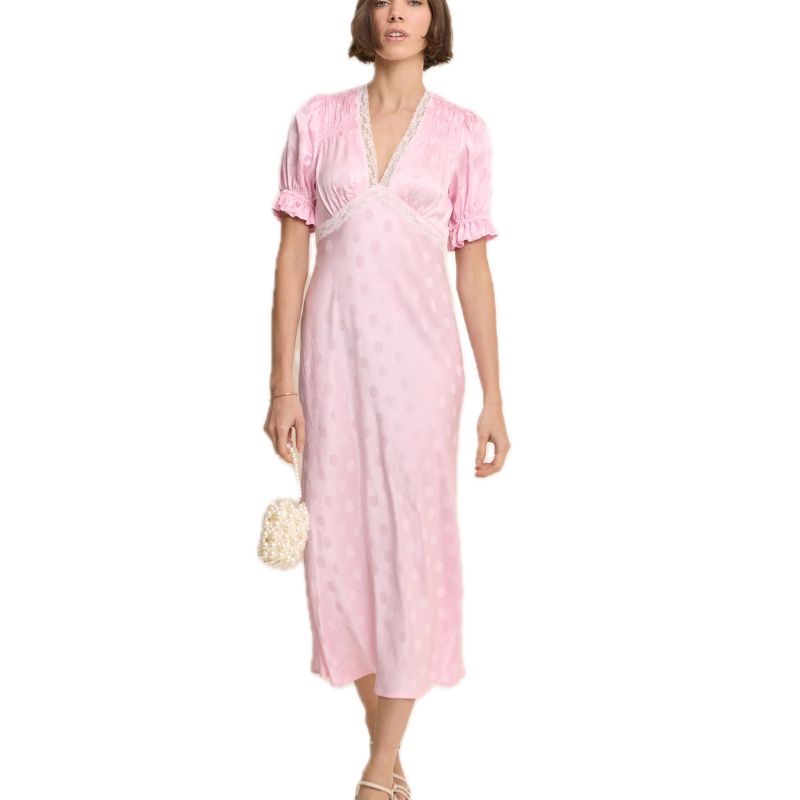 Nobody's Child , Polka Dot Satin Puff Sleeve Angela Midi Dress