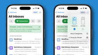 The Mail app running on iOS, with categories shown on-screen.