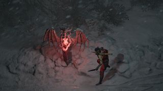Diablo 4 - a player stands next to a statue of lilith glowing red in Fractured Peaks