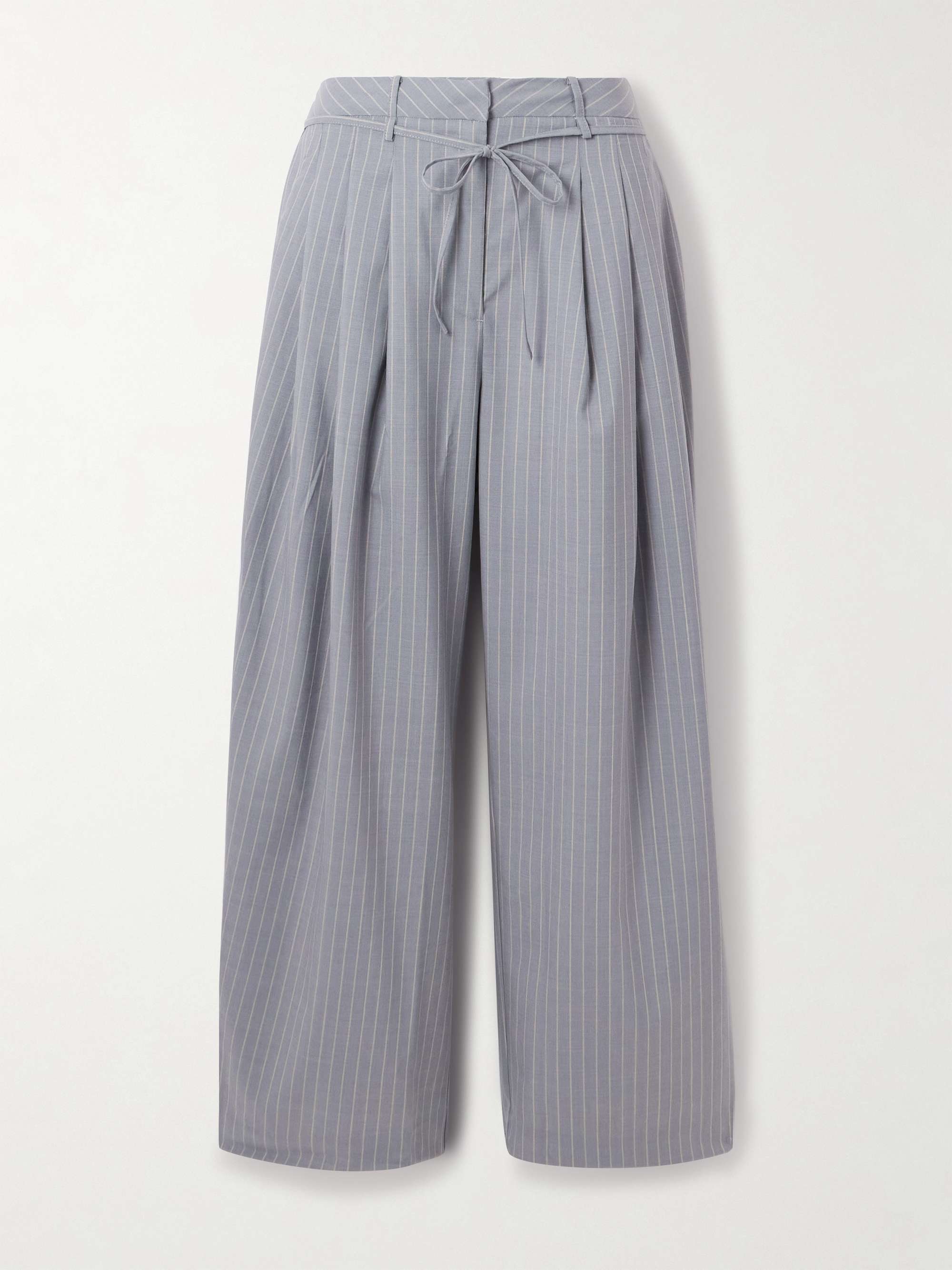 Belted Pleated Striped Wool Straight-Leg Pants