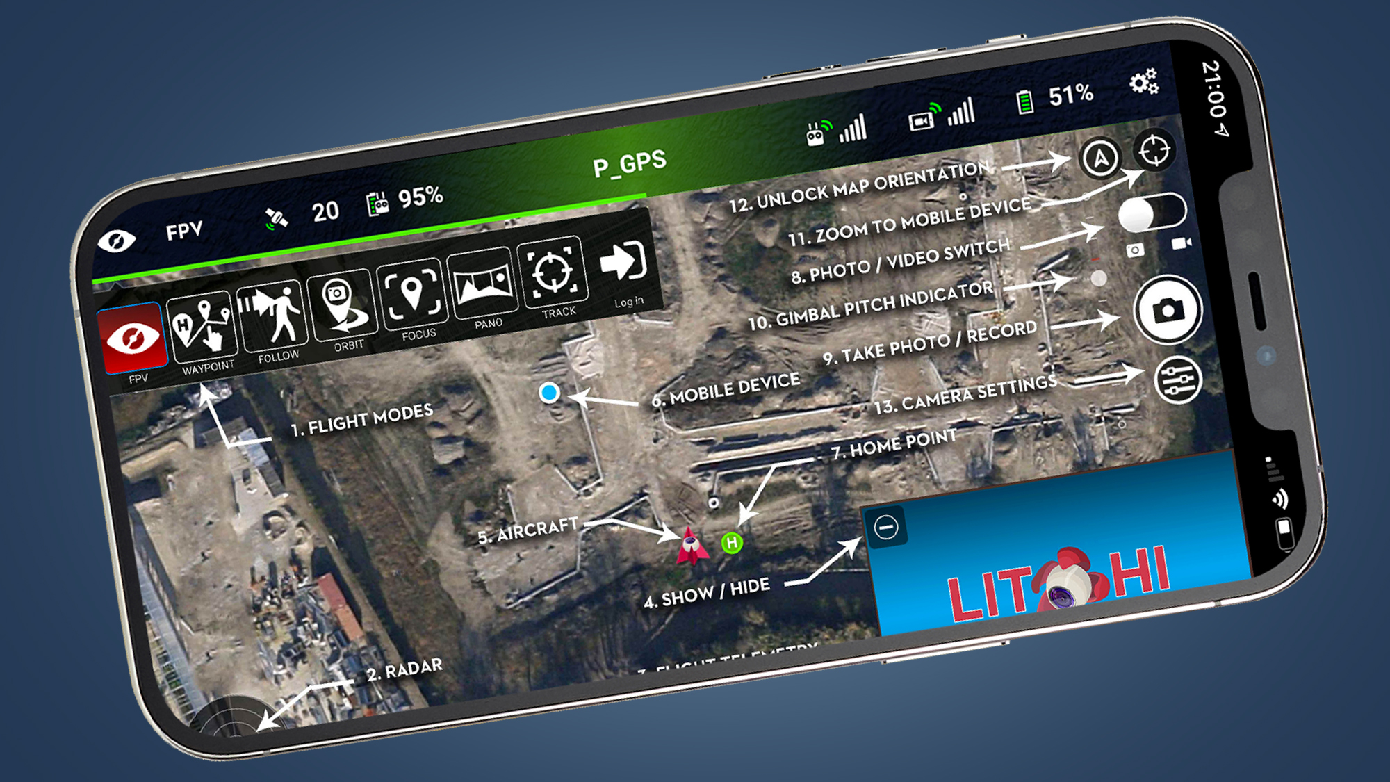 La aplicación Litchi para drones DJI en un teléfono inteligente