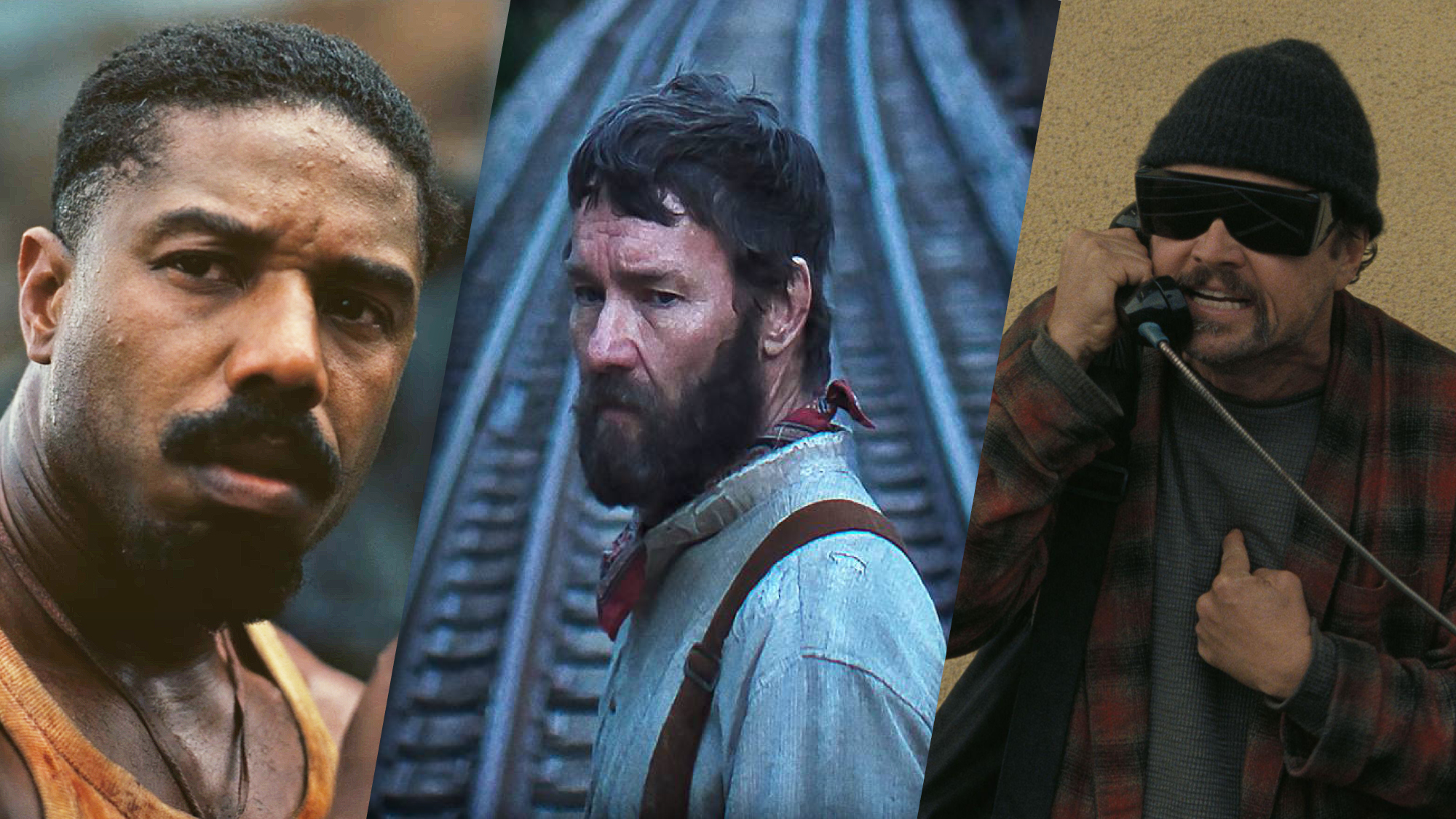 (From left to right) Michael B. Jordan as Smoke in Sinners; Joel Edgerton as Robert Grainier in Train Dreams; Leonardo DiCaprio as Bob Ferguson in One Battle After Another.