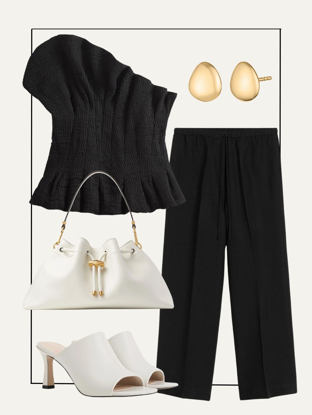 Collage of black top, bag, mules, linen trousers and earrings
