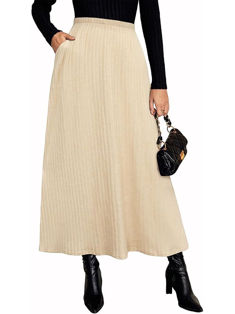 Herou, Herou Women's Ribbed Sweater Winter Skirt Warm Elastic Waist Maxi Skirts Casual Knitted Long Skirts With Pocket for Women Apricot Small