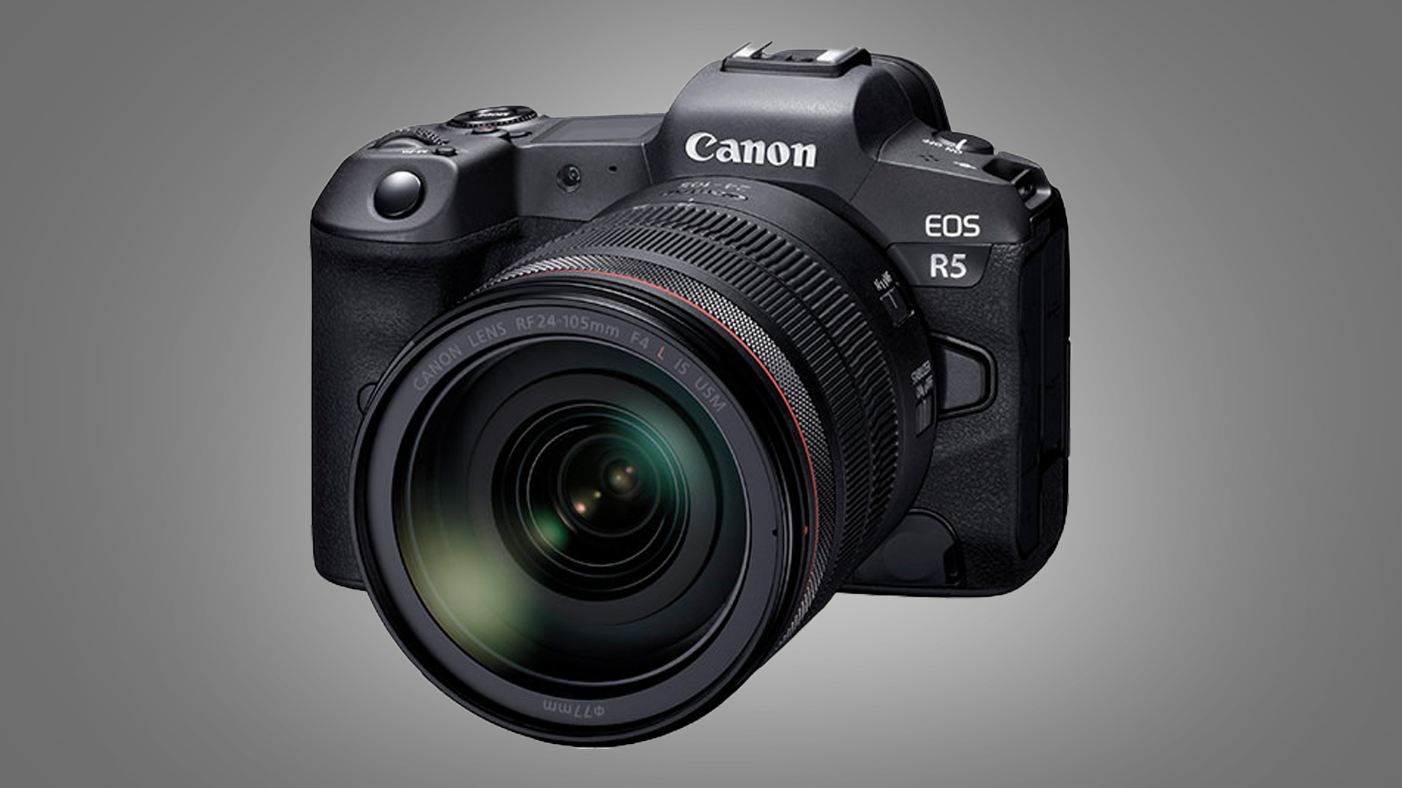 The Canon EOS R5 camera on a grey background