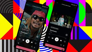 Two iPhone's with the Spotify app open against a colorful background 