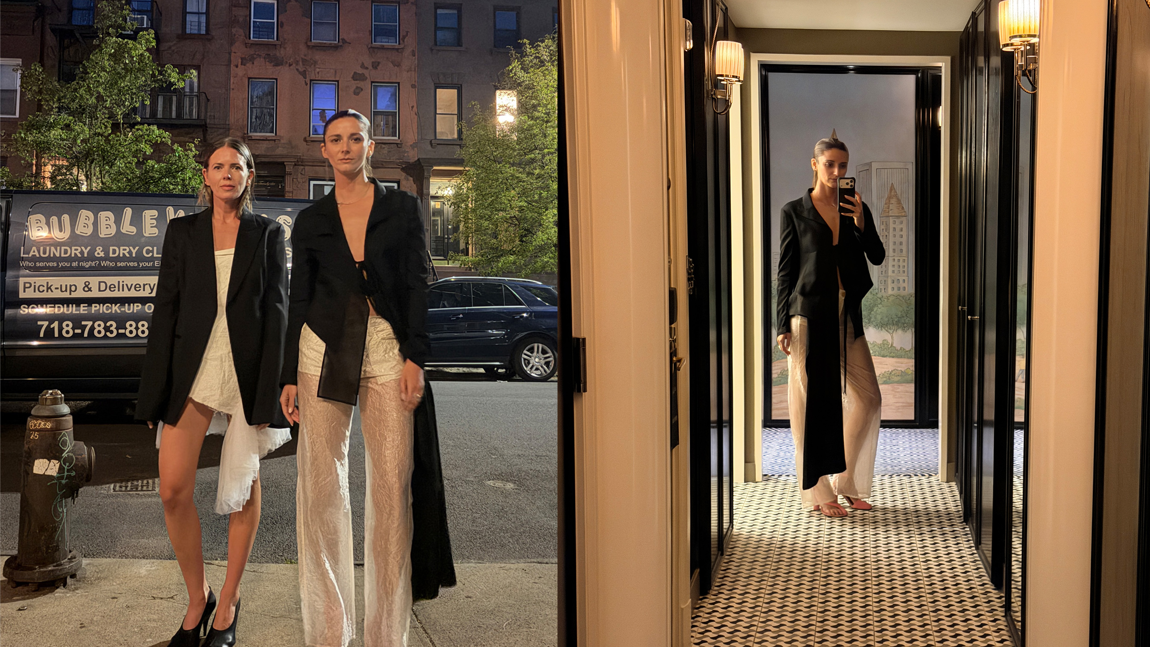 Stylist Brie Welch and her friend wearing the asymmetric fashion trend. 
