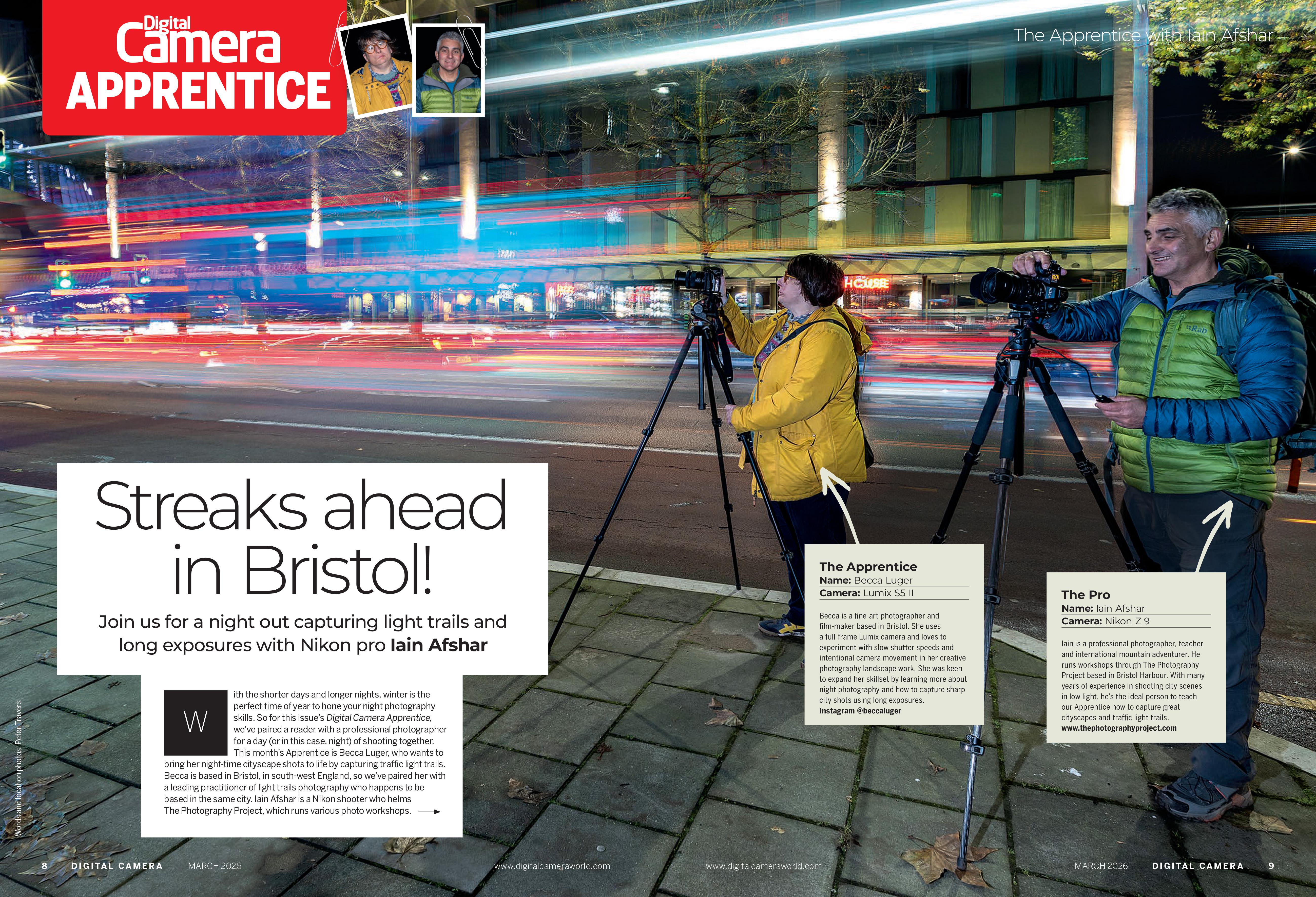 Image showing the first two pages of the Apprentice article in issue 304 (March 2026) of Digital Camera magazine, where a keen reader learns how to shoot traffic light trails in Bristol, UK
