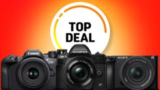 Three digital cameras from Canon, Olympus, and Sony displayed against a vibrant gradient background with "TOP DEAL" prominently featured