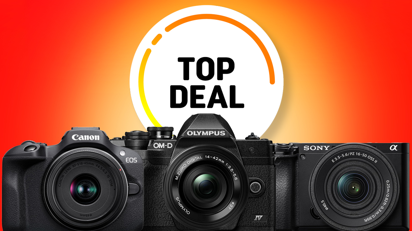 Three digital cameras from Canon, Olympus, and Sony displayed against a vibrant gradient background with "TOP DEAL" prominently featured
