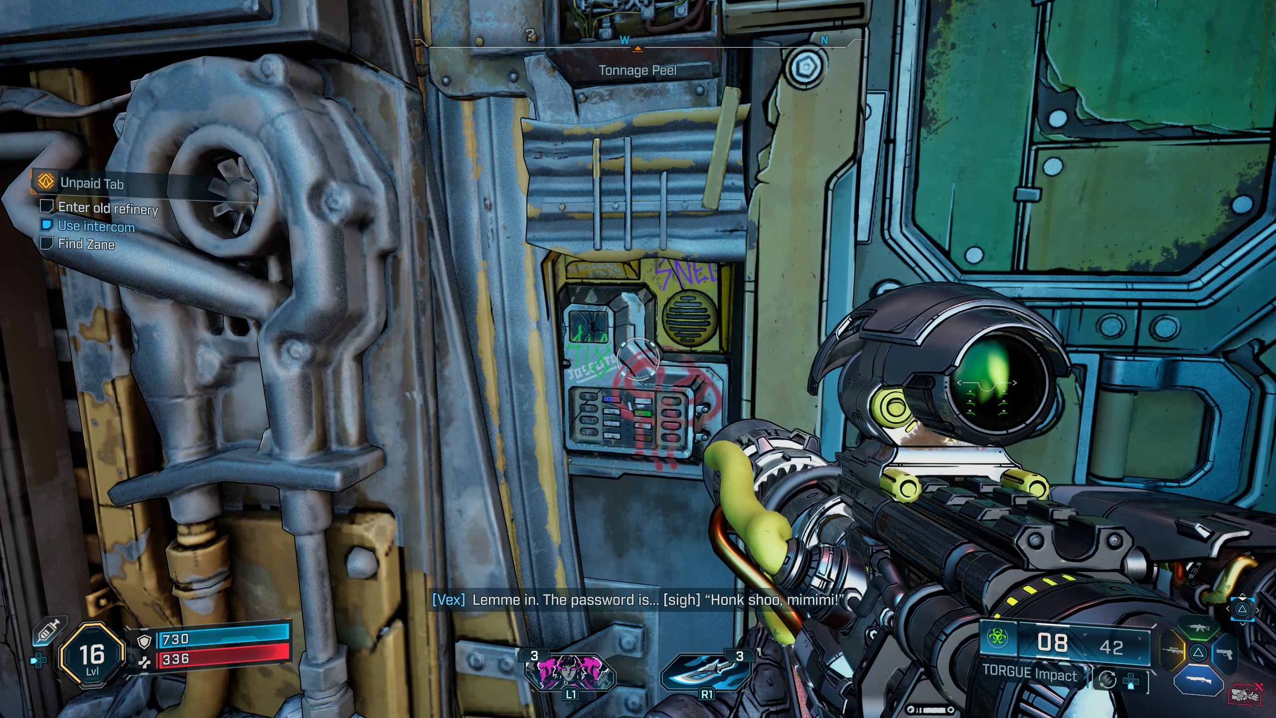 Borderlands 4 gameplay showing Vex saying the password to get into Ripper headquarters