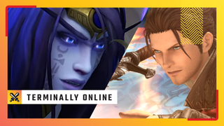 Xal'atath and the Warrior of Light face off in an edited header for Terminally Online, PC Gamer's MMO column.