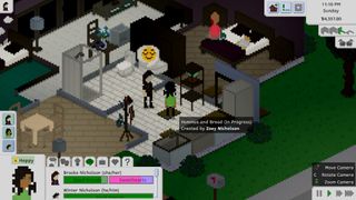 Tiny Life - Two pixelated characters stand in a house talking. The player has moused over an obec ton the floor labeled "Hummus and Bread (In Progress)