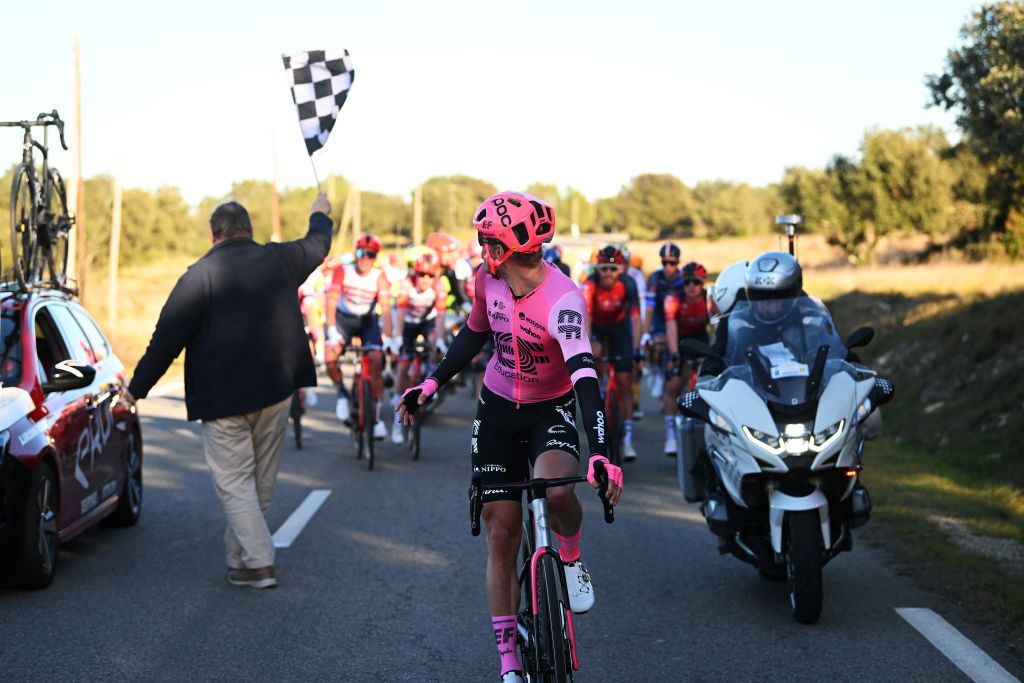 AUBAIS FRANCE FEBRUARY 02 Magnus CortNielsen of Denmark and Team EF Education Easypost restarts the race after the neutralization of the stage due to a massive crash during the 53rd Etoile de Besseges Tour Du Gard 2023 Stage 2 a 16963km stage from Bagard to Aubais EDB2021 on February 02 2023 in Aubais France Photo by Luc ClaessenGetty Images