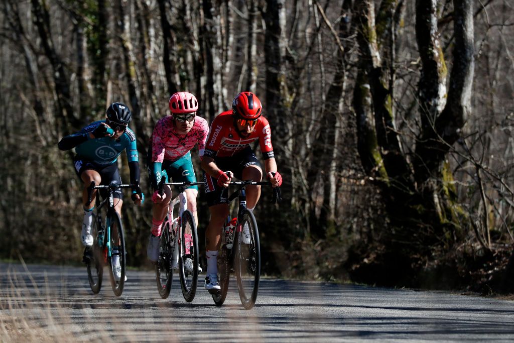 DUNLEPALESTEL FRANCE MARCH 08 Alexis Gougeard of France and Team BB Hotels PB KTM Owain Doull of United Kingdom and Team EF Education Easypost and Thomas De Gendt of Belgium and Team Lotto Soudal compete in the breakaway during the 80th Paris Nice 2022 Stage 3 a 191km stage from Vierzon to DunlePalestel ParisNice WorldTour on March 08 2022 in DunlePalestel France Photo by Bas CzerwinskiGetty Images