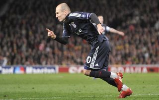 Arjen Robben celebrates a goal for Bayern Munich against Manchester United in April 2010.