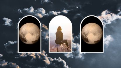 pluto retrograde 2022 feature a black sky with photos of pluto and a woman on the mountains at the center