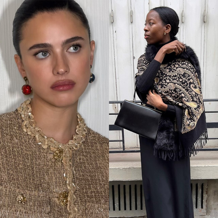 A collage of 2026 micro trends, including mismatched earrings and ornate scarves. 