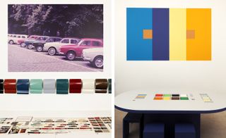 More examples of Paule Marrot’s work for Renault, left, and a display of Josef Albers work, right