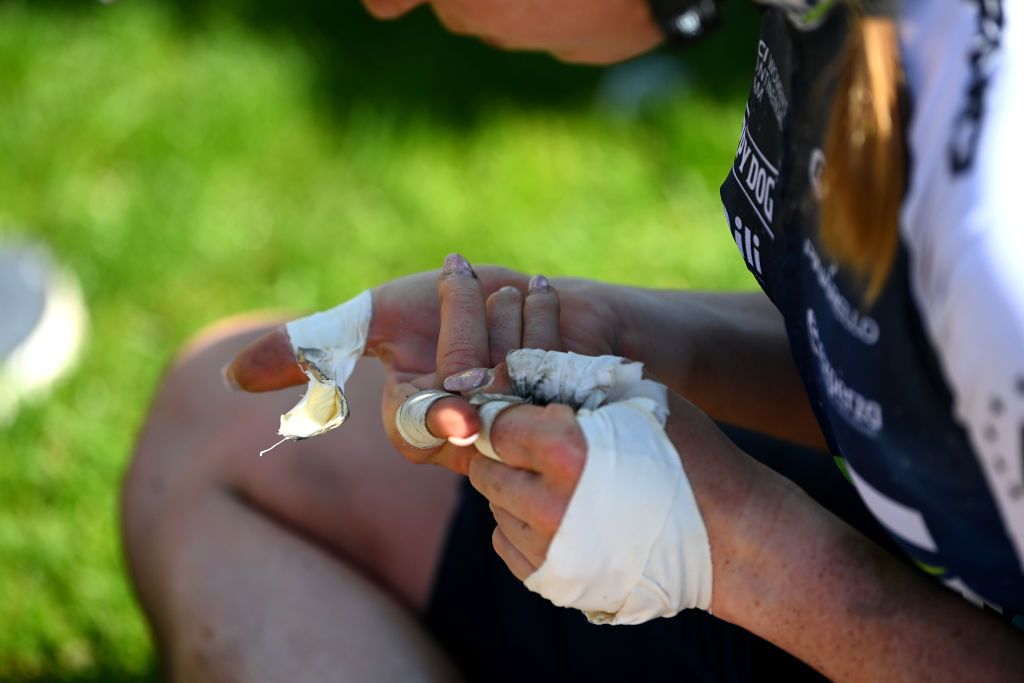 ROUBAIX FRANCE APRIL 16 Detail view of Gaia Masetti of Italy and Team Ag Insurance Nxtg removing her protective bandage after the 2nd ParisRoubaix 2022 Womens Elite a 1247km one day race from Denain to Roubaix ParisRoubaixFemmes ParisRoubaix on April 16 2022 in Roubaix France Photo by Tim de WaeleGetty Images