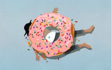 Woman-who-eats-too-much-sugar-consumed-by-doughnut-