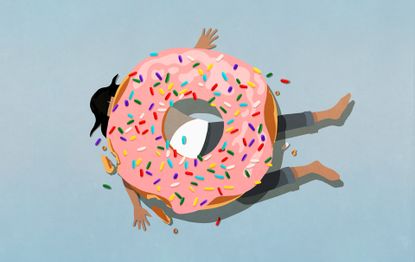 Woman-who-eats-too-much-sugar-consumed-by-doughnut-