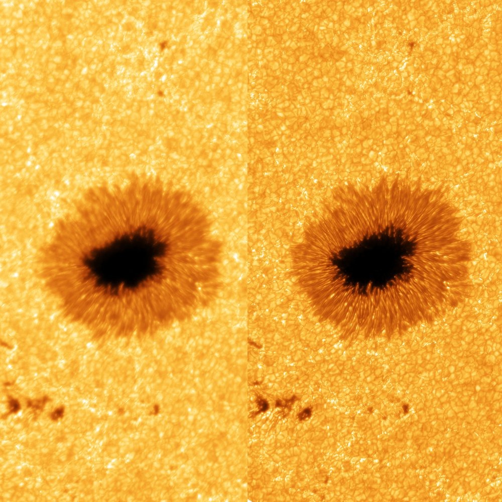 two views of a black splotch on a fuzzy-looking orange-and-yellow field. the one on the left is slightly blurry, while the one on the right is clear and crisp