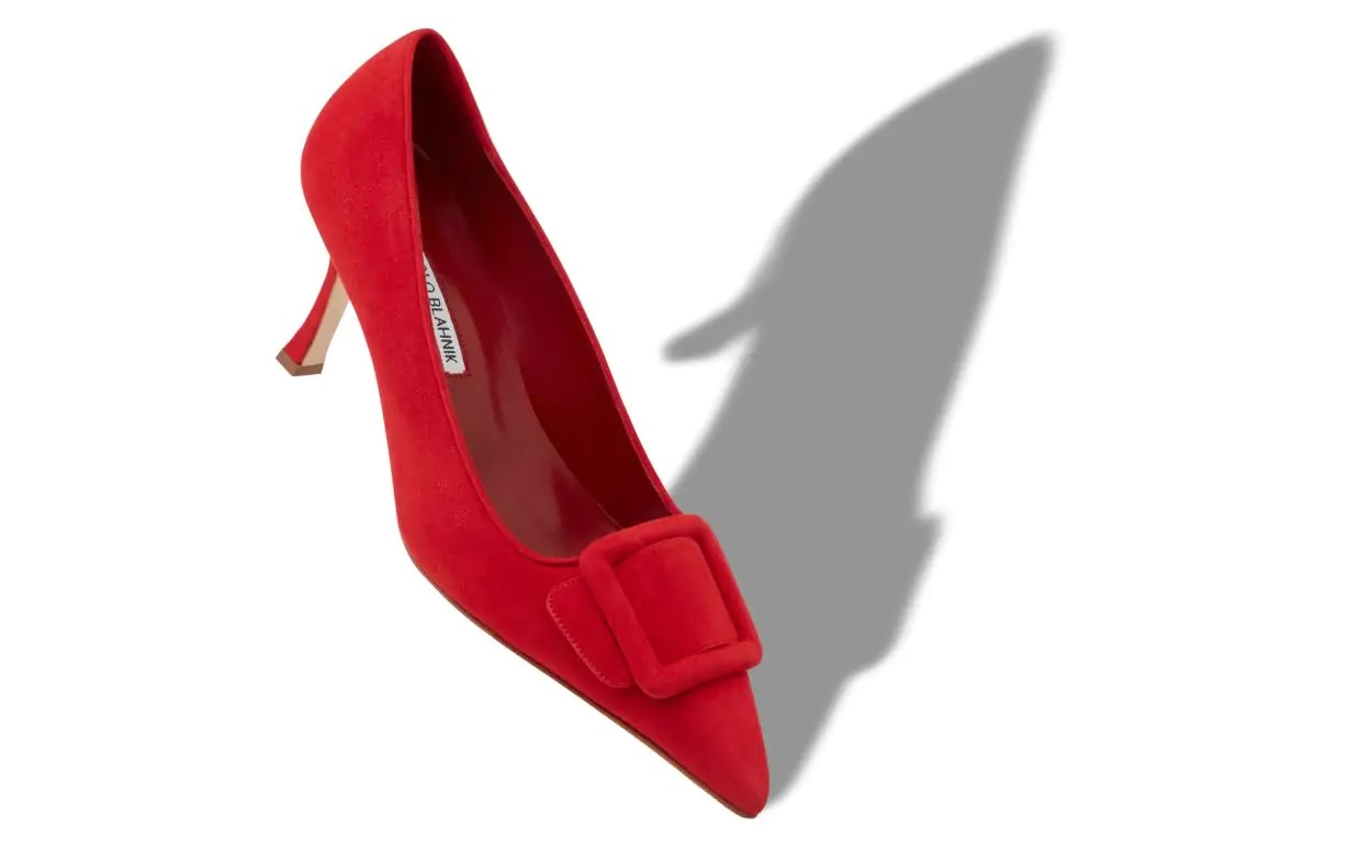 Manolo Blahnik MAYSALEPUMP 90 Bright Red Suede Buckle Detail Pumps
