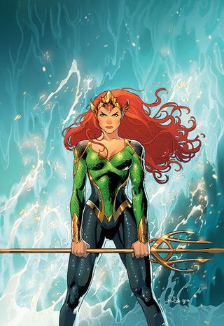 Mera holding a trident with a wave crashing behind her