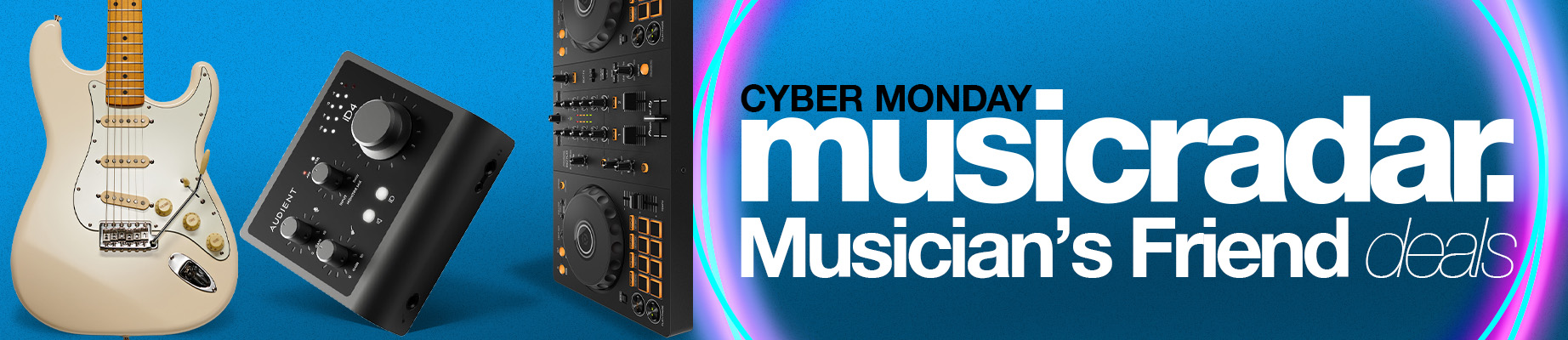 A selection of music gear on a blue background