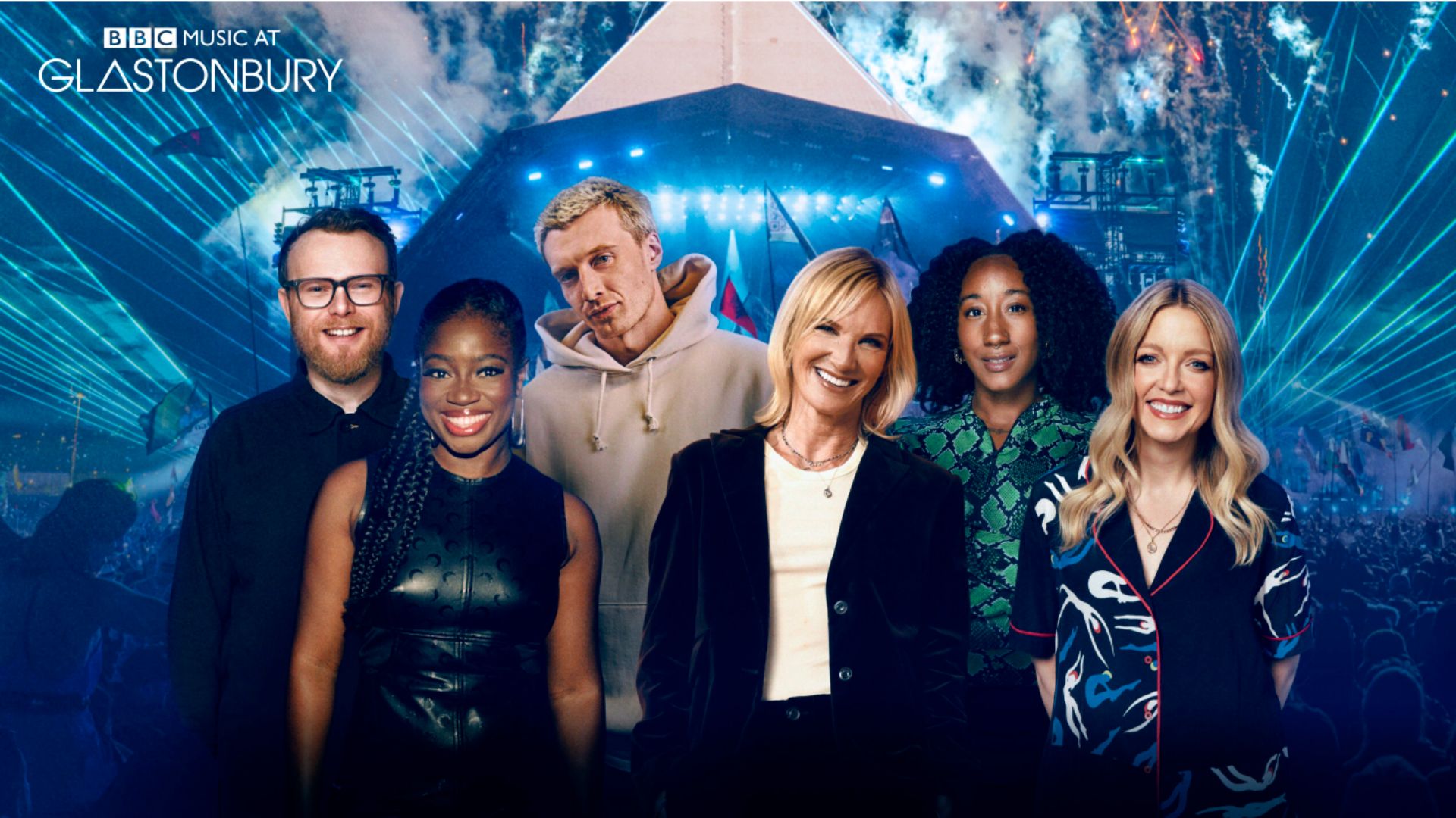 an image of BBC presenters Clara Amfo, Jack Saunders, Jo Whiley, Jamz Supernova, and Lauren Laverne. The background is a landscape image of Glastonbury Pyramid stage mid-gig
