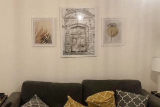 A dark grey sofa with yellow and grey cushions on, in front of a wall with three framed photos behind it of leaves, foliage and architecture.