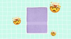 A purple bath towel on a blue grid background with head explosion emojis around it