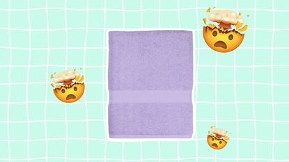 A purple bath towel on a blue grid background with head explosion emojis around it