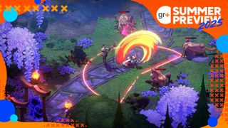 A Towa screenshot shows a character performing a bright orange attack in a green field at dusk