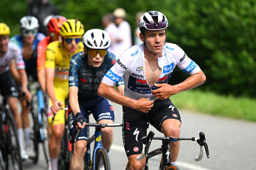 SAINTLARYSOULAN PLA DADET FRANCE JULY 13 Remco Evenepoel of Belgium and Team Soudal QuickStep White best young jersey competes during the 111th Tour de France 2024 Stage 14 a 1519km stage from Pau to SaintLarySoulan Pla dAdet 1653m UCIWT on July 13 2024 in SaintLarySoulan Pla dAdet France Photo by Dario BelingheriGetty Images