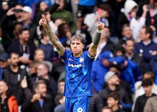 Enzo Fernandez celebrates after scoring for Chelsea against Liverpool, May 2025.