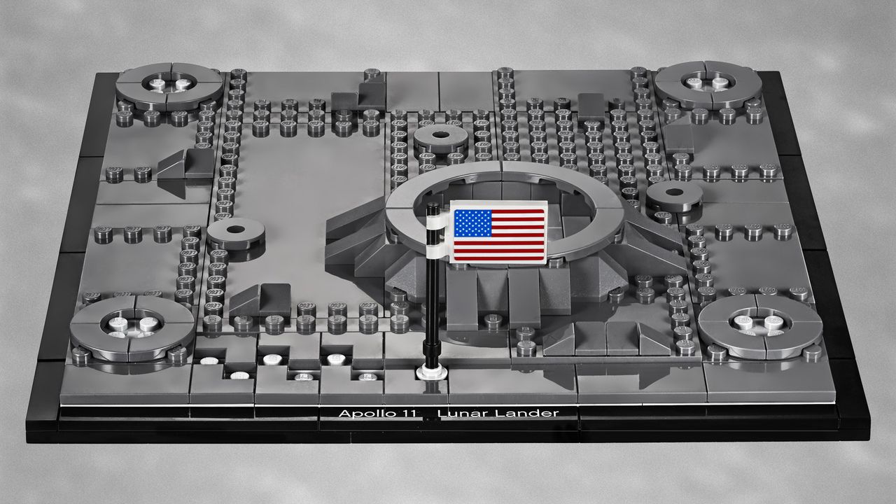 A Lego lunar landscape awaits the Creator Apollo 11 Lunar Lander in this view. The brick-built landscape is the base for the 2019 model.