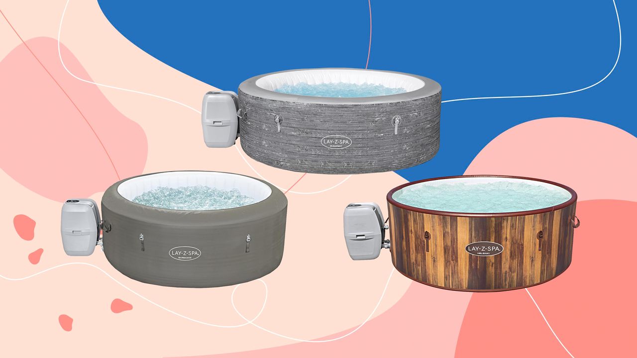 Three Lay-Z-Spa hot tubs on a blue and pink background