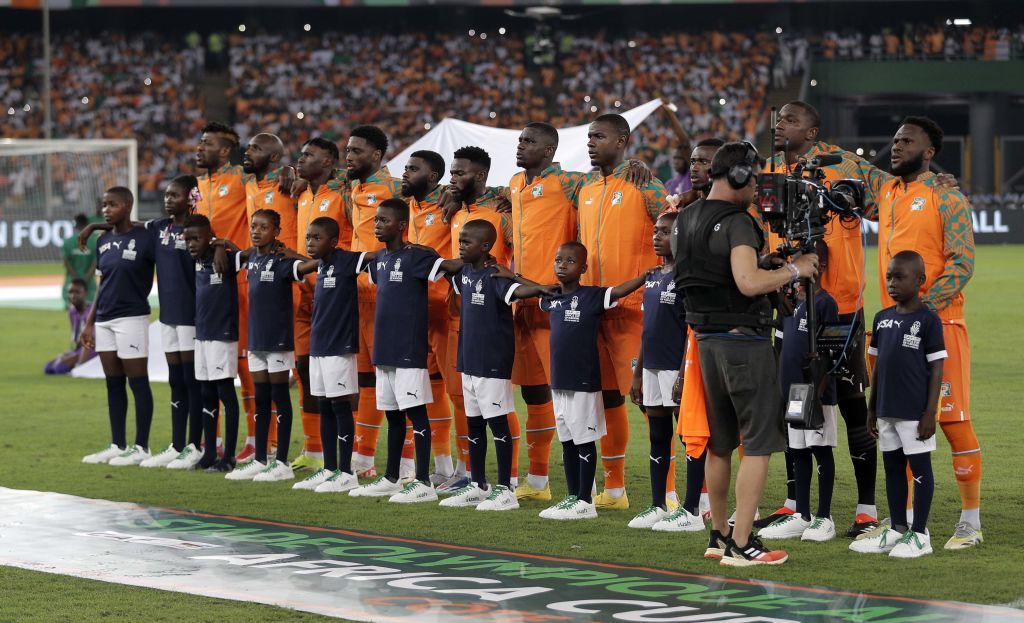 Ivory Coast AFCON 2023 squad: The starting players of Cote d&#039;Ivoire are singing the national anthem before the Group A match of the African Cup of Nations, Cote d&#039;Ivoire versus Guinea Bissau, at the Stade Olympique Alassane Ouattara in Abidjan, Cote d&#039;Ivoire, on January 13, 2024. (Photo by Anis / APP)