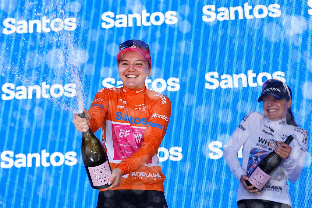 CAMPBELLTOWN, AUSTRALIA - JANUARY 19: Noemi Ruegg of Switzerland and Team EF Education-Oatly celebrates at podium as Orange Santos Leader&amp;amp;apos;s Jersey final race winner during the 10th Santos Women&amp;amp;apos;s Tour Down Under 2026, Stage 3 a 126.5km stage from Norwood to Campbelltown / #UCIWWT / on January 19, 2026 in Campbelltown, Australia. (Photo by Con Chronis/Getty Images)
