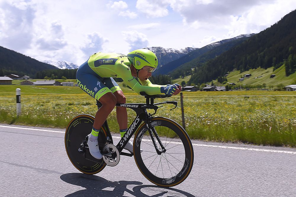 Tinkoff's Maciej Bodnar gets aero during stage 8 at Tour de Suisse