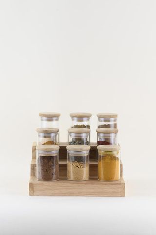 Wooden Spice Rack & Glass Spice Jar Set