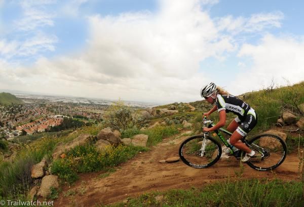 Emily Batty (Trek Subaru) begins the descent from the summit