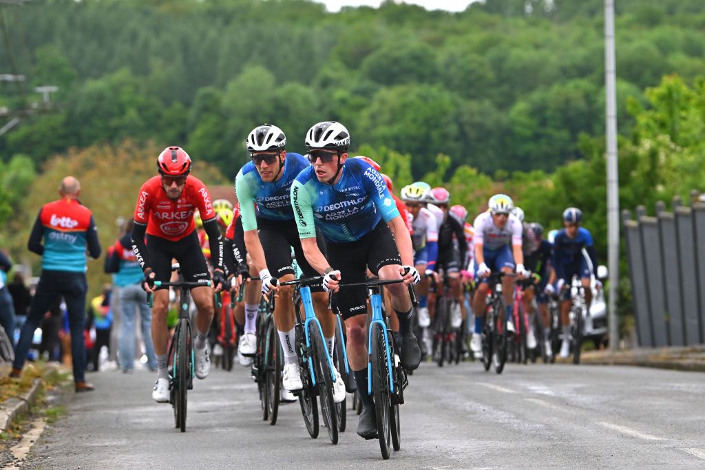 BOUCHAIN FRANCE MAY 16 LR Sander De Pestel of Belgium and Stan Dewulf of Belgium and Decathlon AG2R La Mondiale Team lead the peloton during the 68th 4 Jours de Dunkerque Grand Prix des Hauts de France 2024 Stage 3 a 1651km stage from SaintLaurentBlangy to Bouchain on May 16 2024 in Bouchain France Photo by Luc ClaessenGetty Images