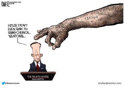 Political Cartoon U.S. Sean Spicer Hitler press conference Syria chemical weapons Holocaust
