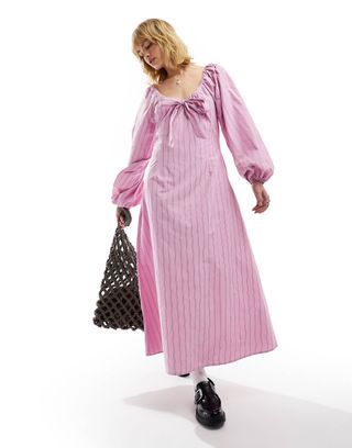 Glamorous Tie Front Volume Sleeve Maxi Smock Dress in Pink Stripe