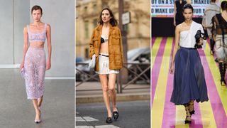 A model wearing a purple belt on the runway at Carolina Herrera; Alexa Chung wearing a micro belt at the Miu Miu runway show; a model wearing a black thin belt at the Christian Dior runway show.