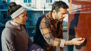 Lou Llobell as Maddie and Jacob Scipio as Tyler in "Passenger" (2026) from Paramount Pictures.