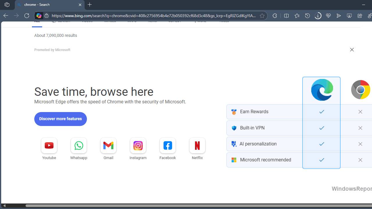 Screenshot of Microsoft Edge Bing comparison banner